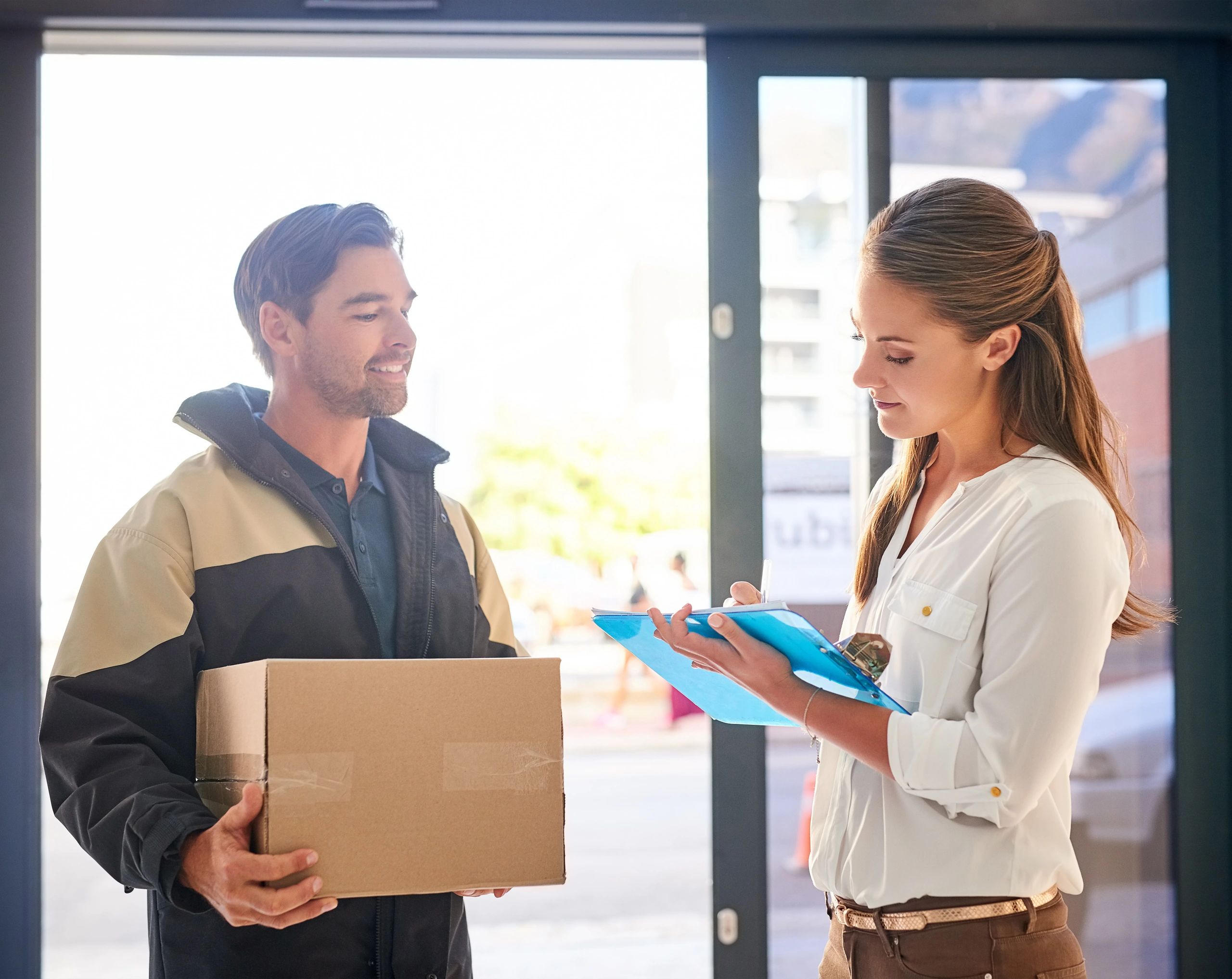 Courier delivering package